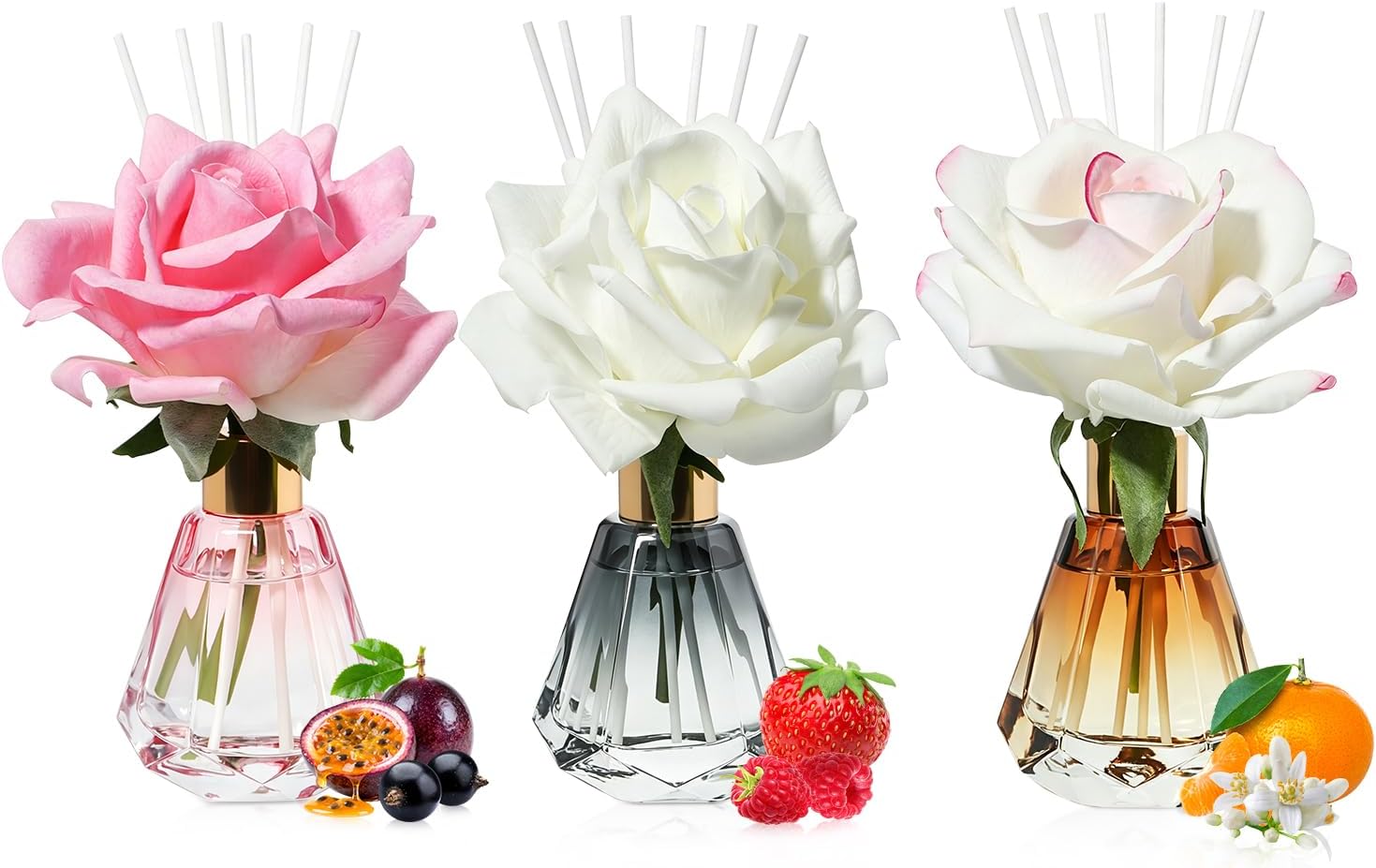 Three-Bottle Diffuser Set with Reeds and Floral Accents