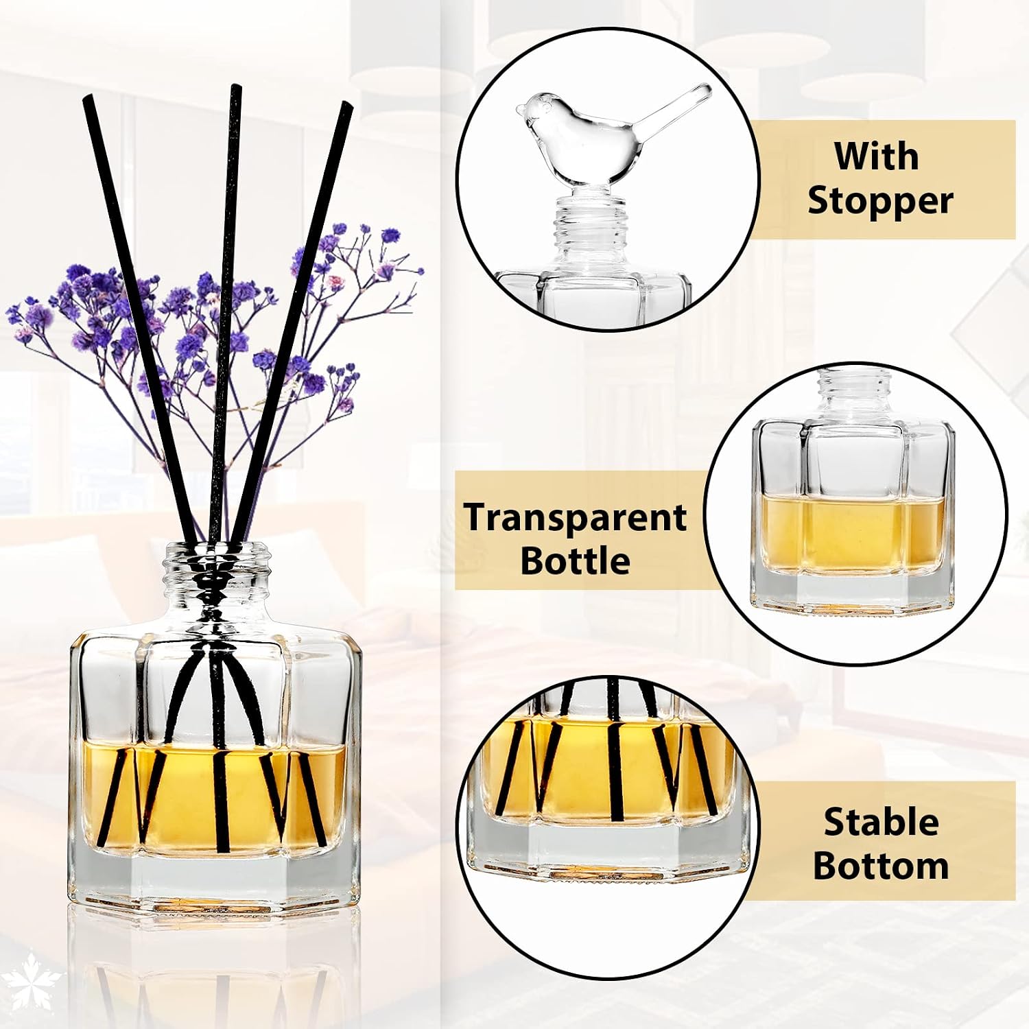 Clear Glass Diffuser Bottles with Reeds, 5-Piece Set - Image 2