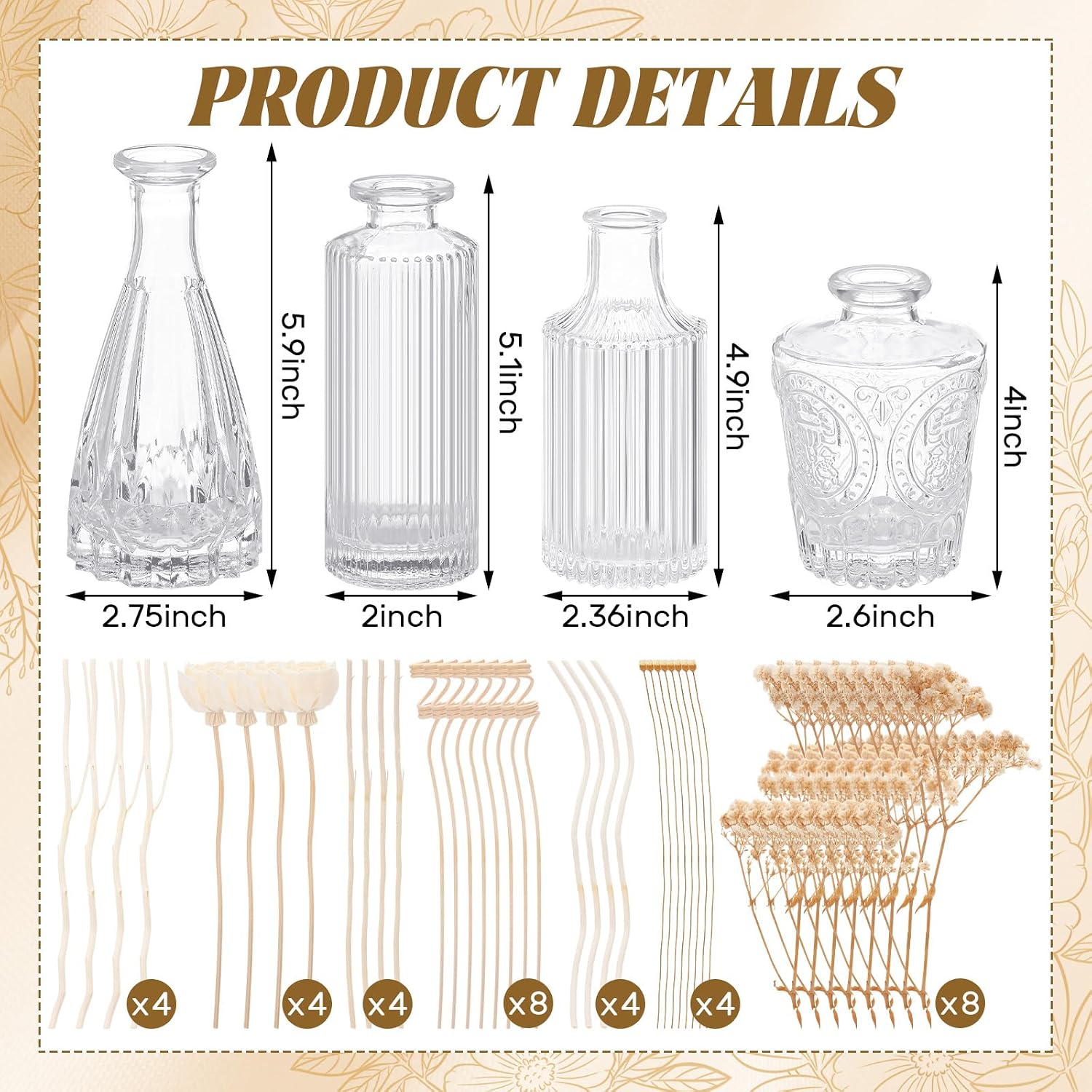 Empty Diffuser Bottles with Reeds and Floral Accents - Image 2