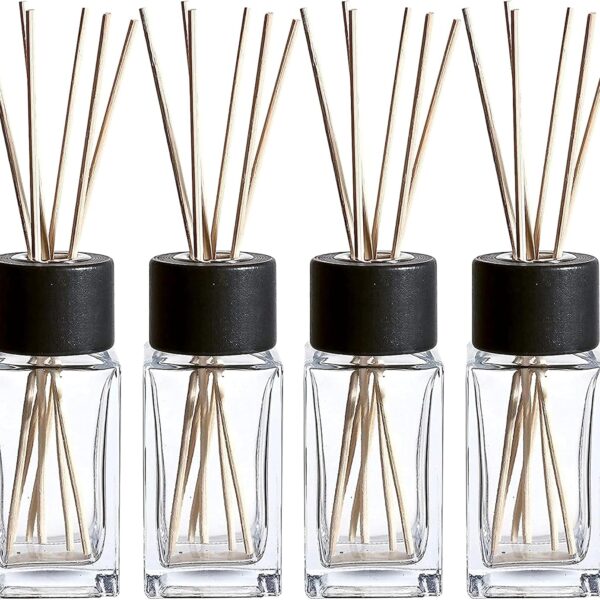 Clear Glass Diffuser Bottles, Black Caps, 4-Piece Set
