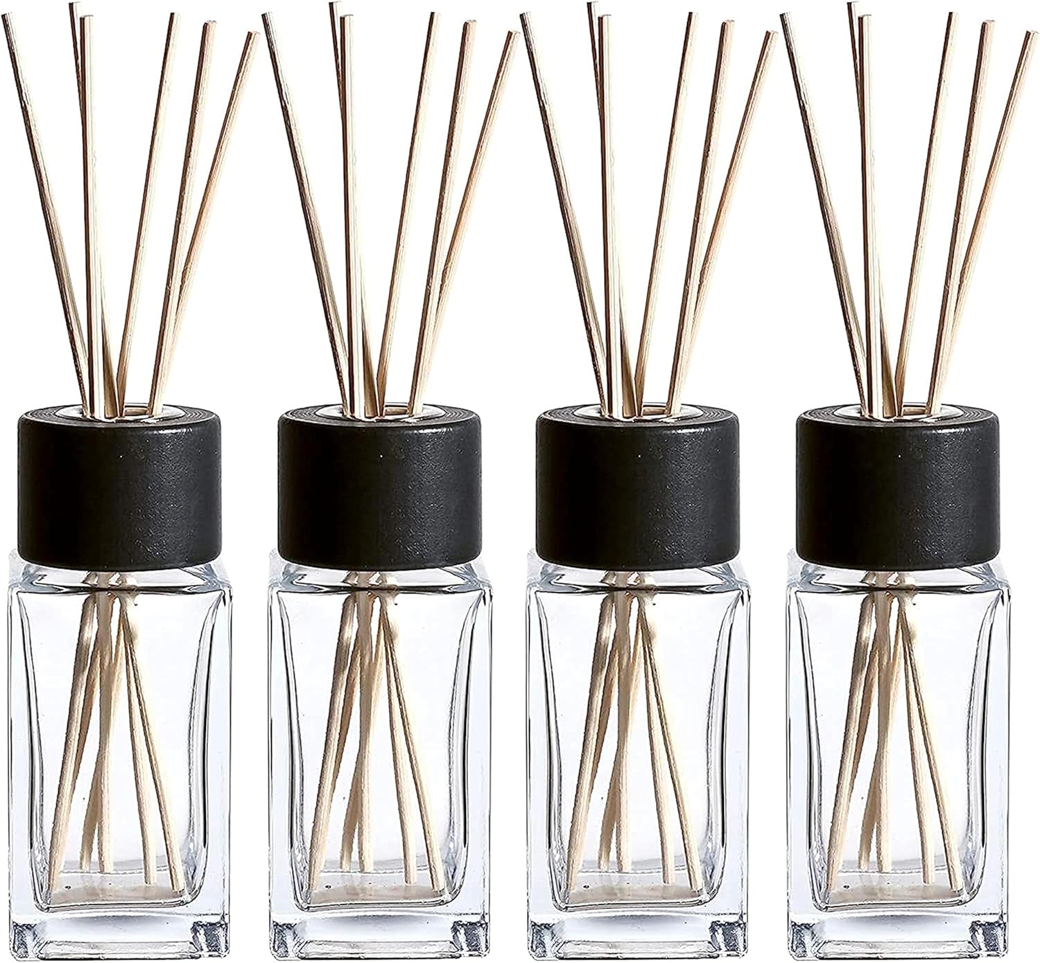 Clear Glass Diffuser Bottles, Black Caps, 4-Piece Set